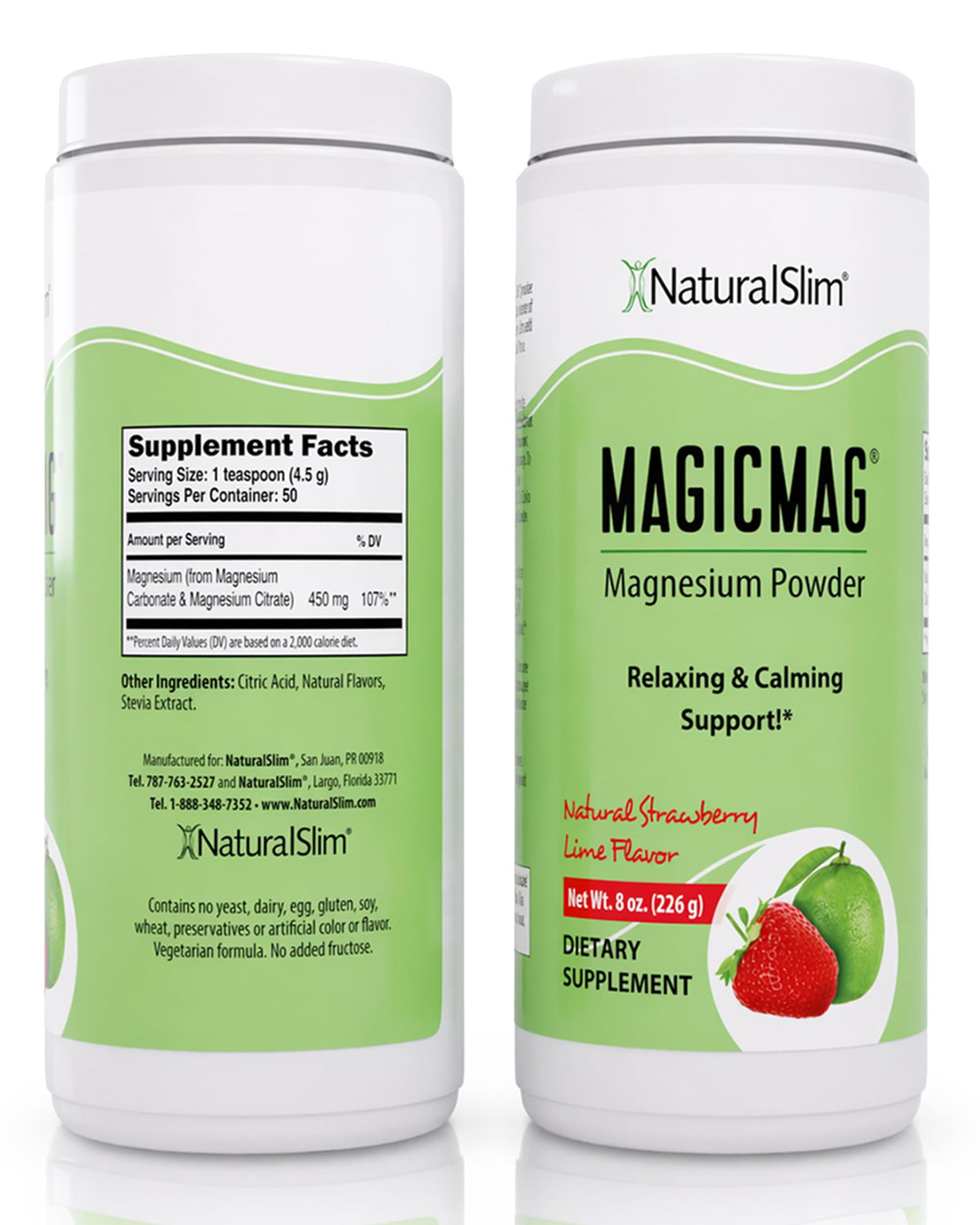 NaturalSlim MagicMag Poudre de Magnésium Citrate Fraise Citron Vert en poudre dans un verre d'eau