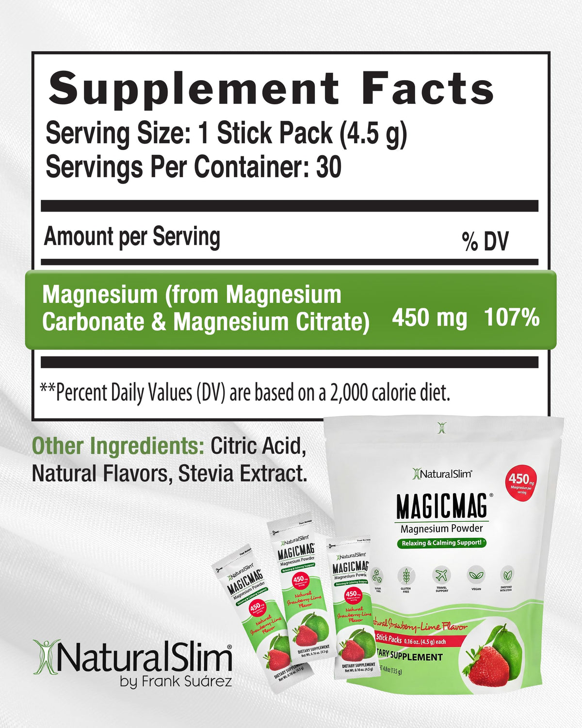 NaturalSlim MagicMag Poudre de Magnésium Citrate Fraise Lime 191g avec cuillère