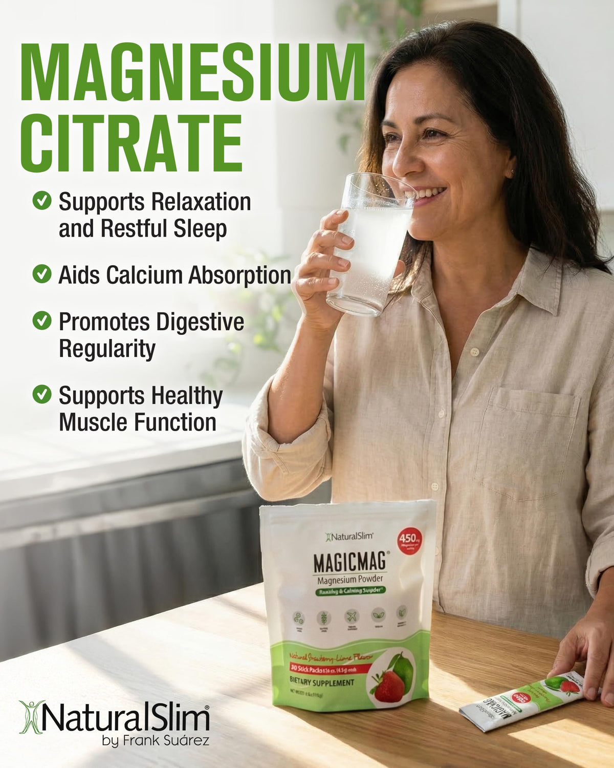 NaturalSlim MagicMag Poudre de Magnésium Citrate Fraise Lime 191g en milieu de vie