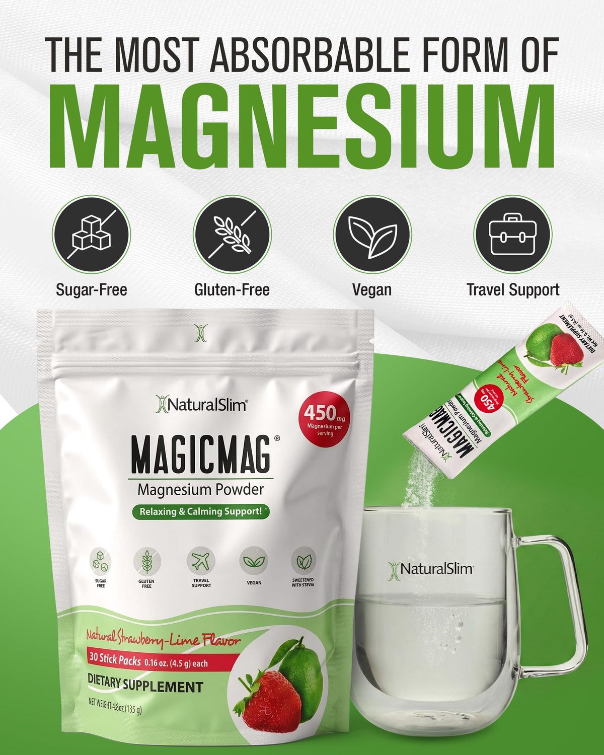 NaturalSlim MagicMag Poudre de Magnésium Citrate Fraise Lime 191g en préparation dans un verre