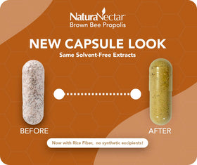 NaturaNectar Propolis Brun Brésilien capsules sur une table en bois