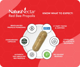 NaturaNectar Propolis Rouge, capsules sur une surface en bois