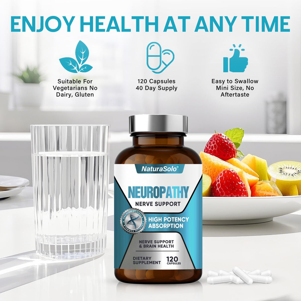 NaturaSolo Nerve Savior 600mg Acide Alpha-Lipoïque capsules sur une table en bois