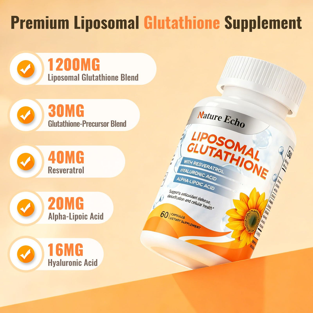 Nature Echo Complément Alimentaire Glutathion Liposomal 1200mg avec étiquettes