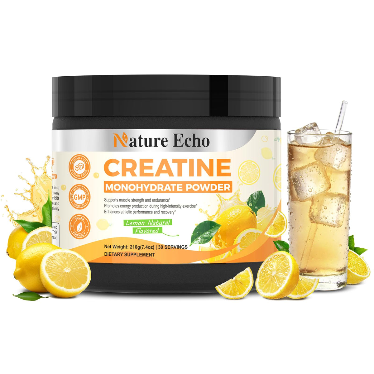Nature Echo créatine monohydrate poudre citron 272g vue de face
