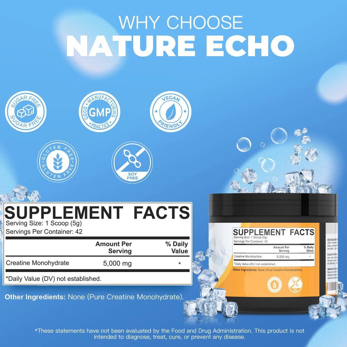 Nature Echo Poudre de Créatine Monohydrate Non Aromatisée 281g avec cuillère incluse