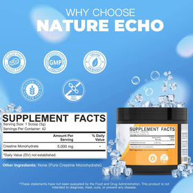 Nature Echo Poudre de Créatine Monohydrate Non Aromatisée 281g avec cuillère incluse