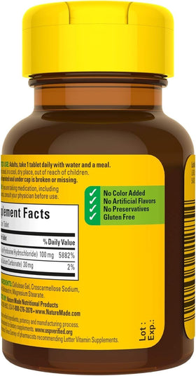 Nature Made B6 100 mg comprimés avec vue latérale du flacon