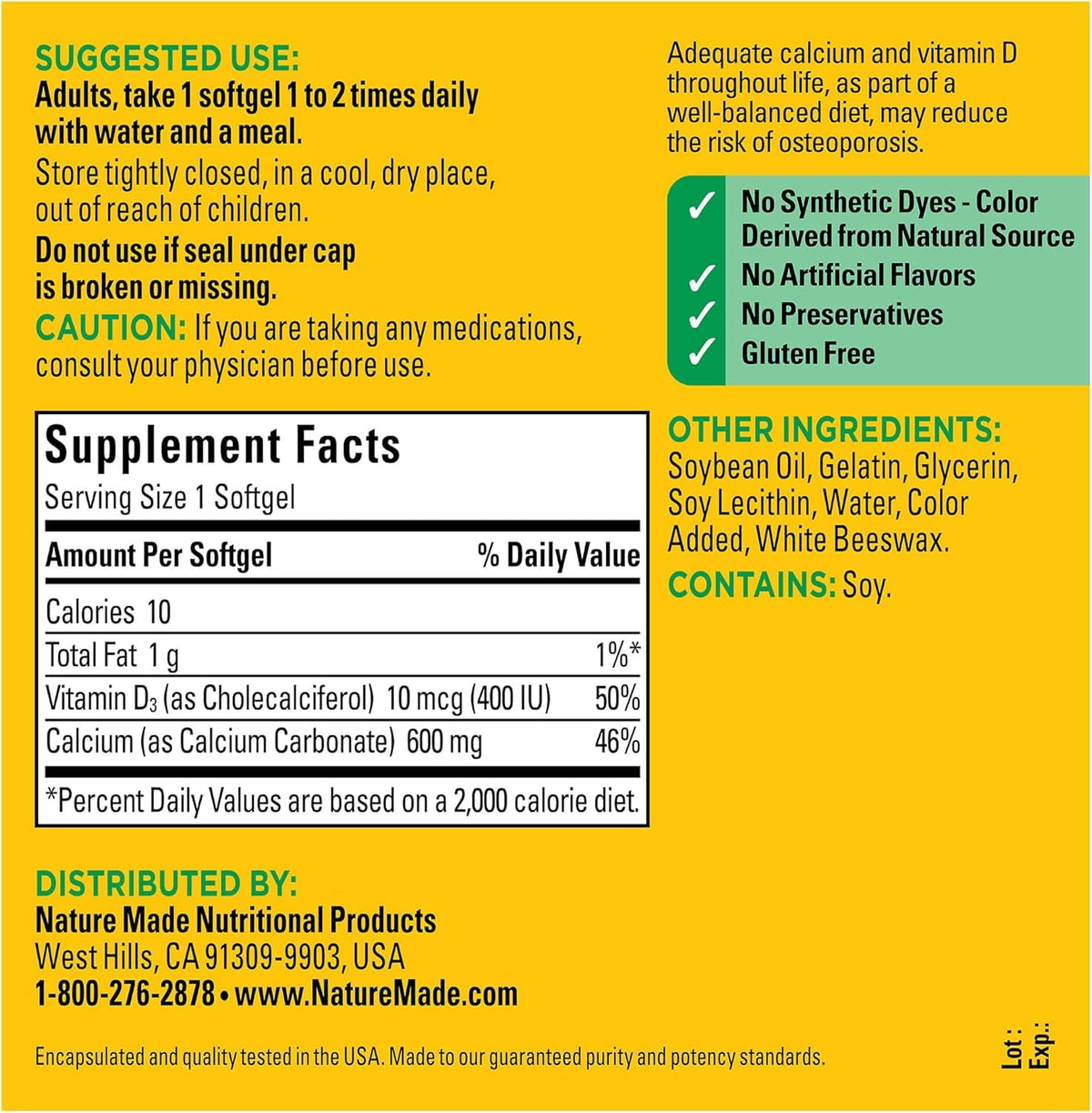 Nature Made Calcium 600 mg avec Vitamine D, gélules ouvertes montrant leur contenu