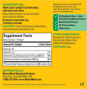 Nature Made Calcium 600 mg avec Vitamine D, gélules ouvertes montrant leur contenu