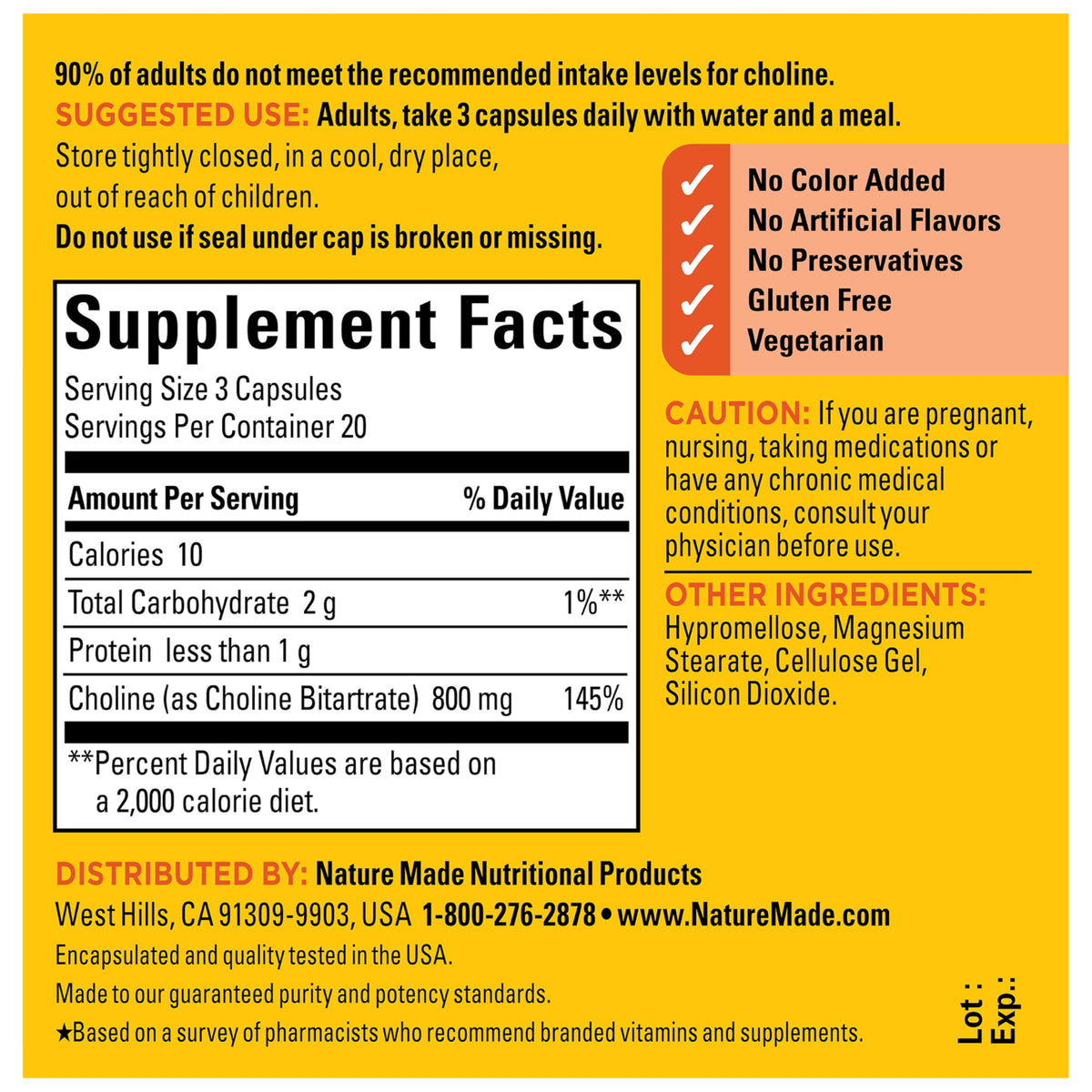 Nature Made Choline 800 mg capsules avec un verre d'eau
