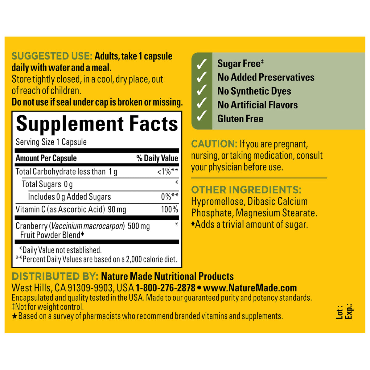 Nature Made Cranberry 500mg capsules with a glass of water