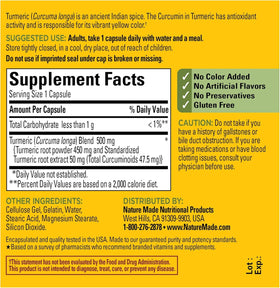 Nature Made Curcuma Curcumin 500 mg 60 Capsules ouvertes montrant les gélules