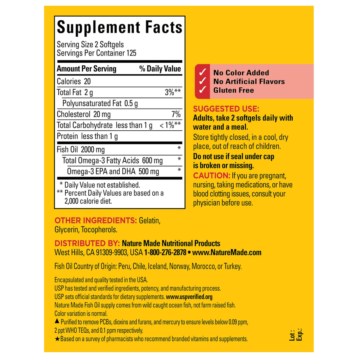 Nature Made Huile de Poisson Omega 3 2000mg, arrière de la bouteille