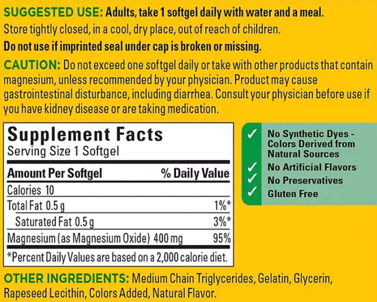 Nature Made Magnésium 400 mg gélules liquides, emballage et informations