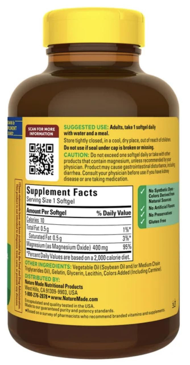 Nature Made Magnésium Extra Fort 400 mg gélules molles, vue arrière du packaging