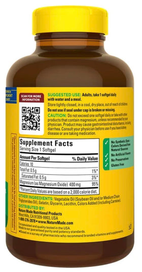 Nature Made Magnésium Extra Fort 400 mg gélules molles, vue arrière du packaging