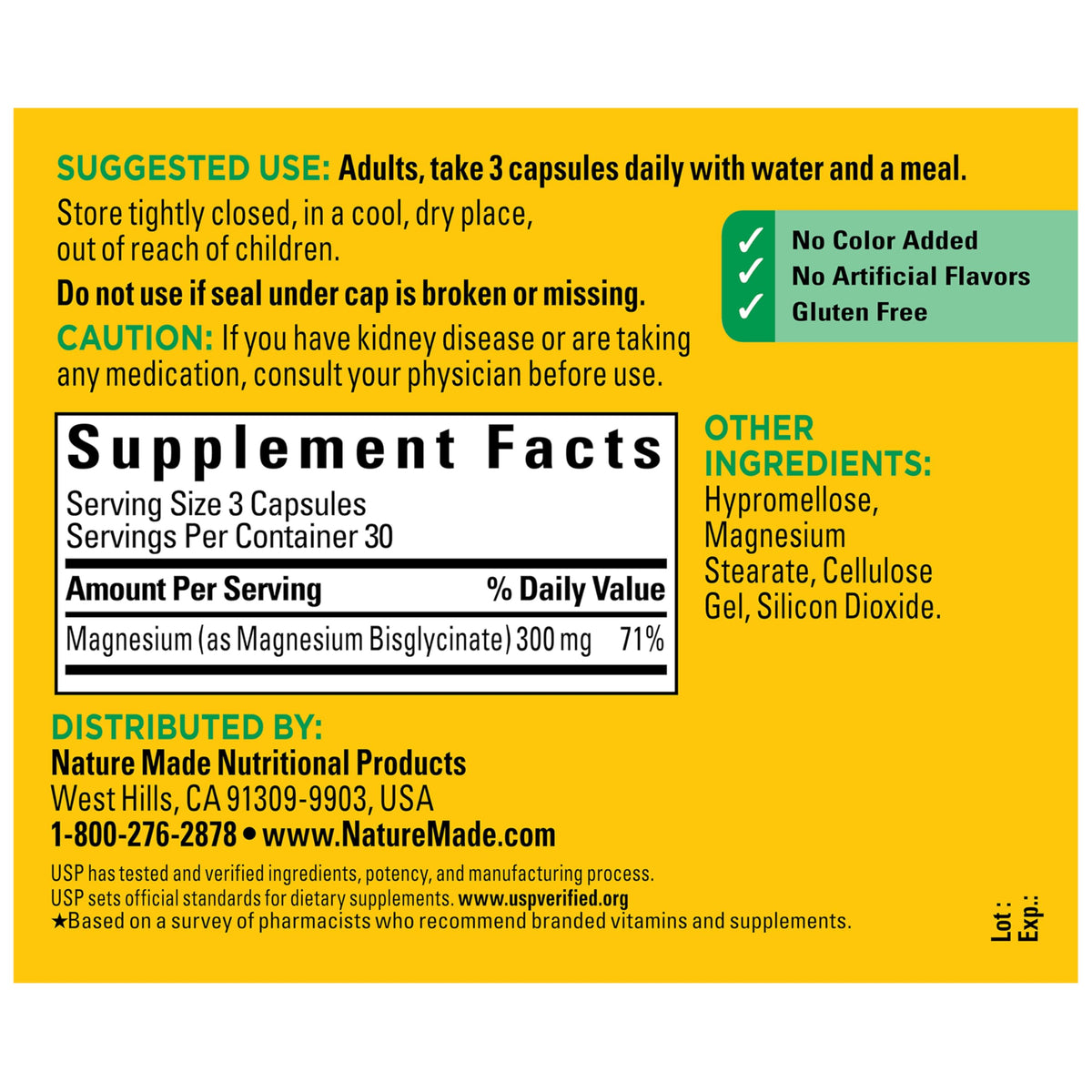 Nature Made Magnésium Glycinate 300 mg avec capsules en gros plan