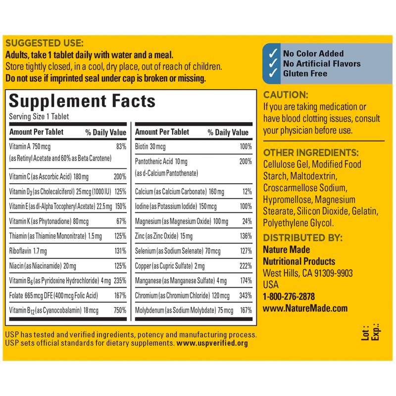 Nature Made Multivitamines pour Hommes, présentation des comprimés