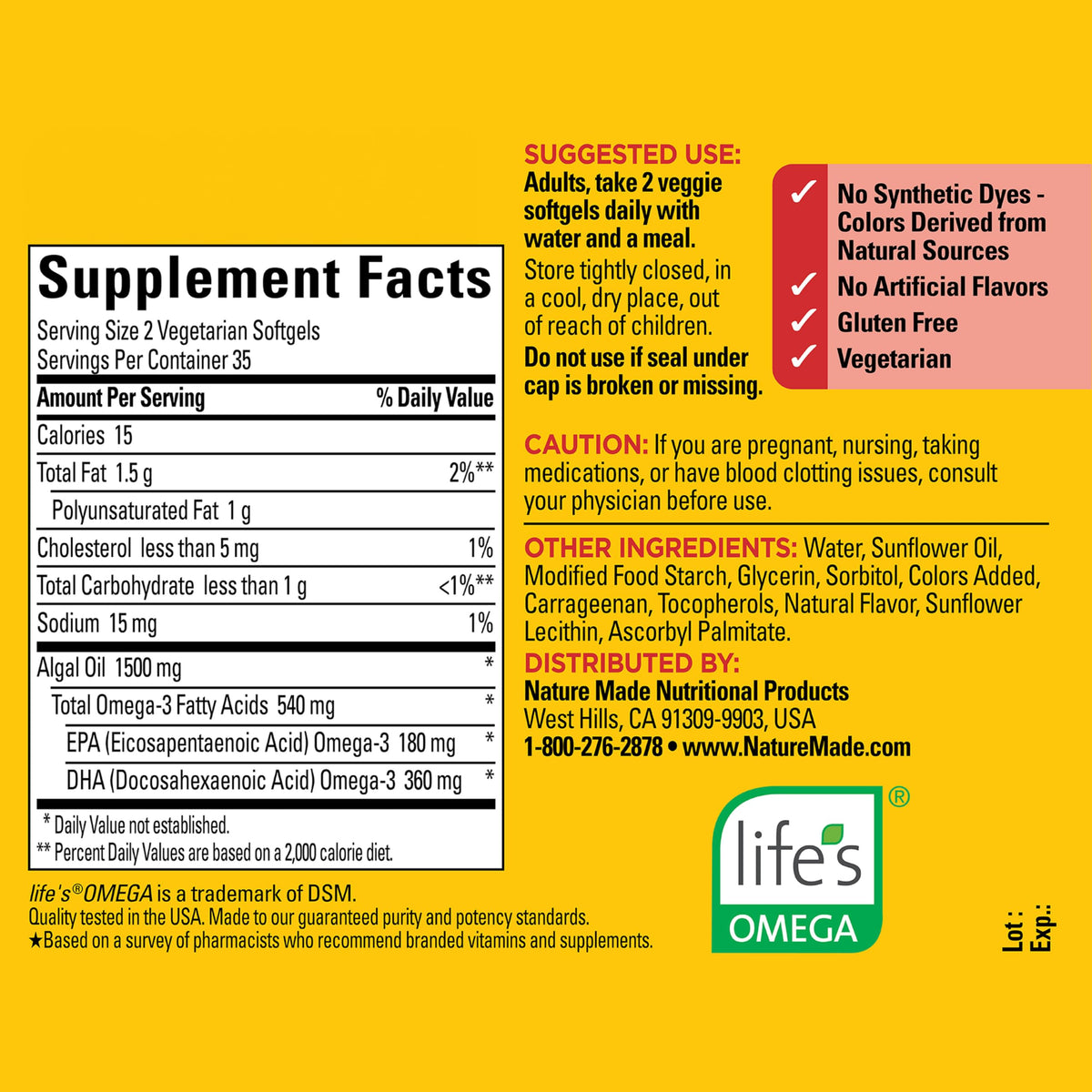 Nature Made Omega 3 Algue 540mg gélules avec verre d'eau