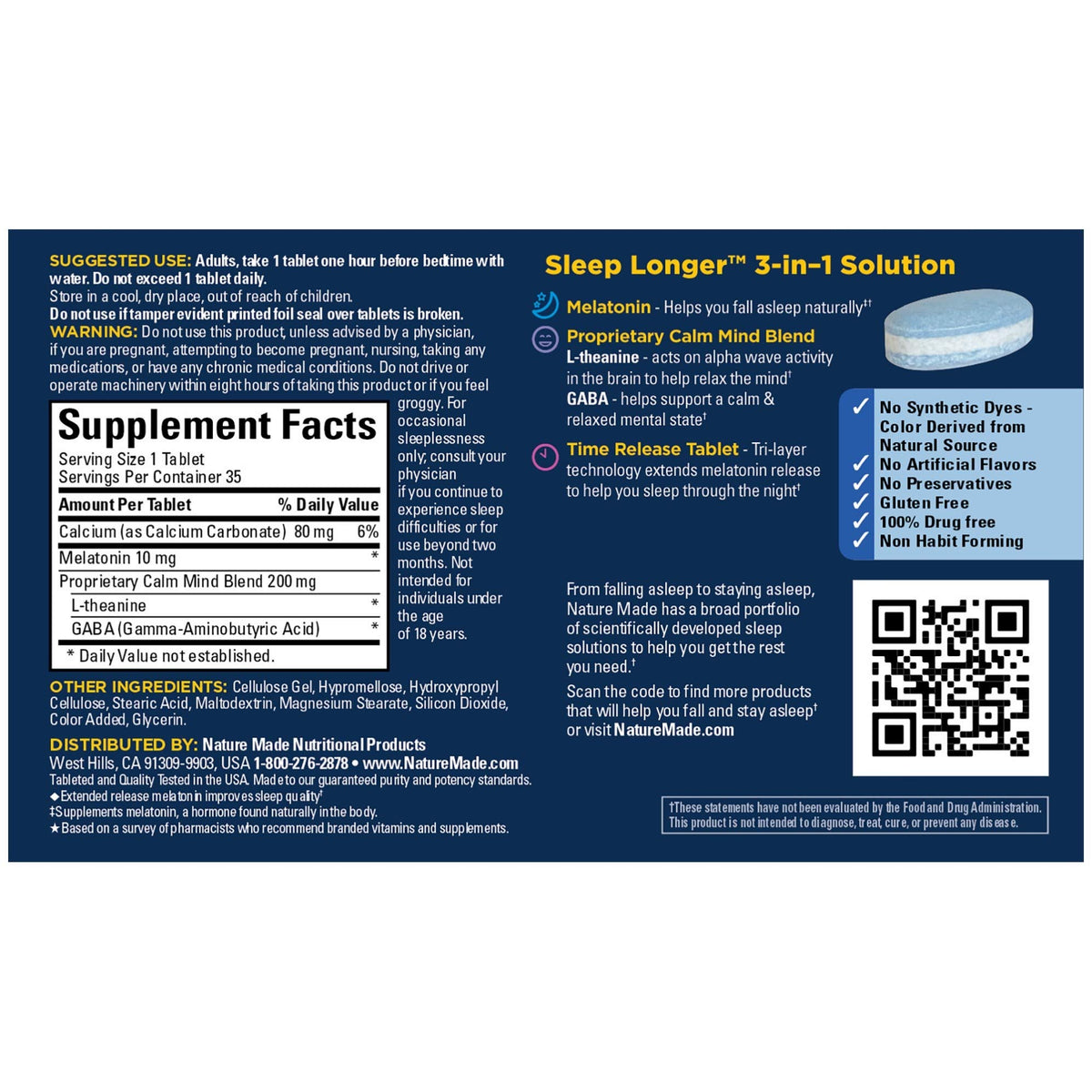 Nature Made Sommeil 10mg Melatonine comprimés avec étiquette visible