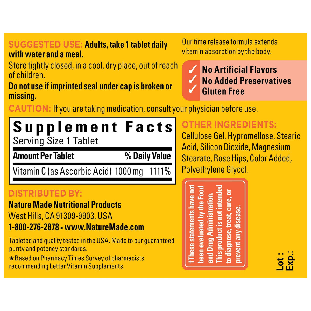 Nature Made Vitamine C 1000 mg comprimés, vue de côté