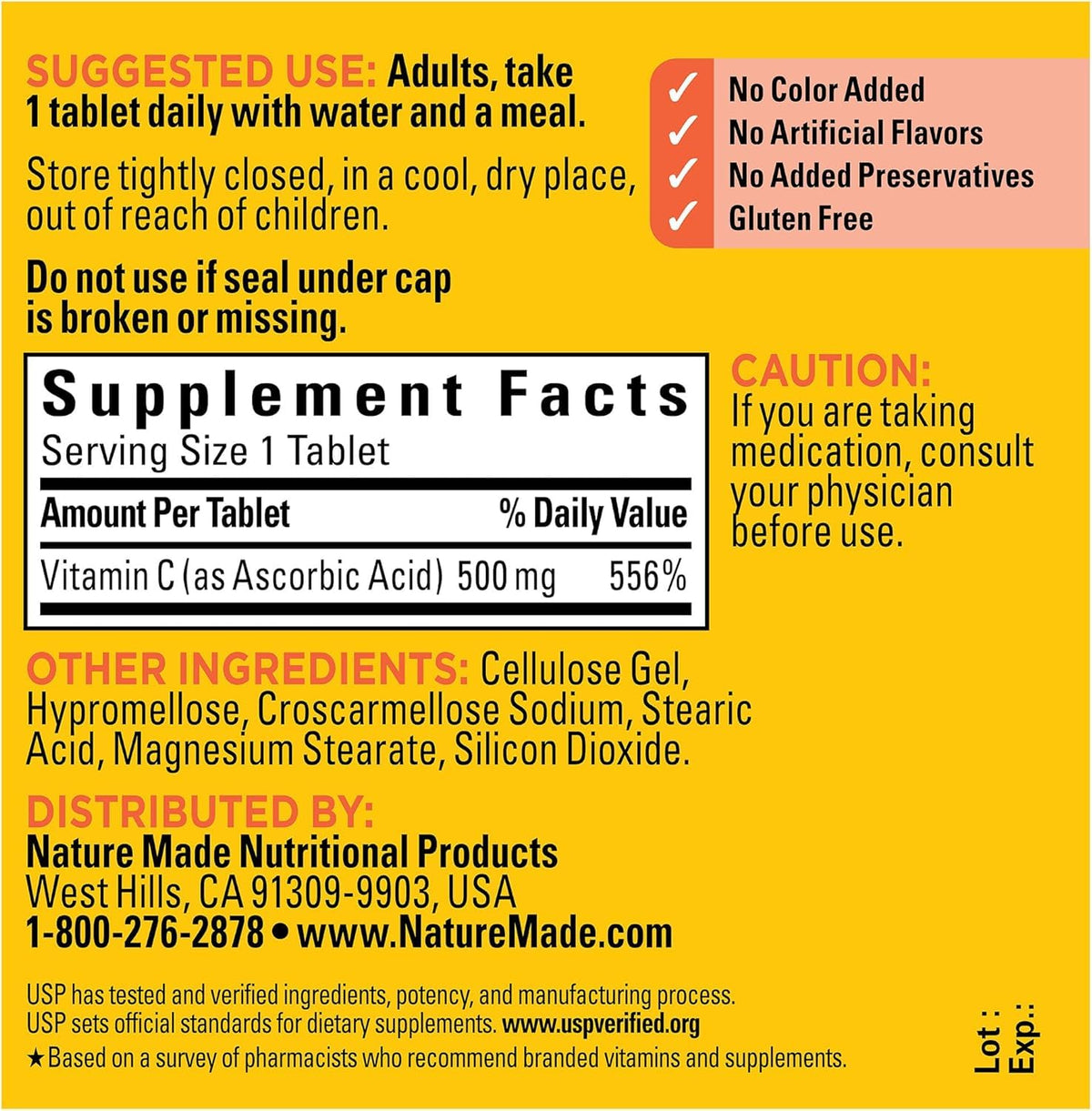Nature Made Vitamine C 500 mg 100 comprimés - vue de dos