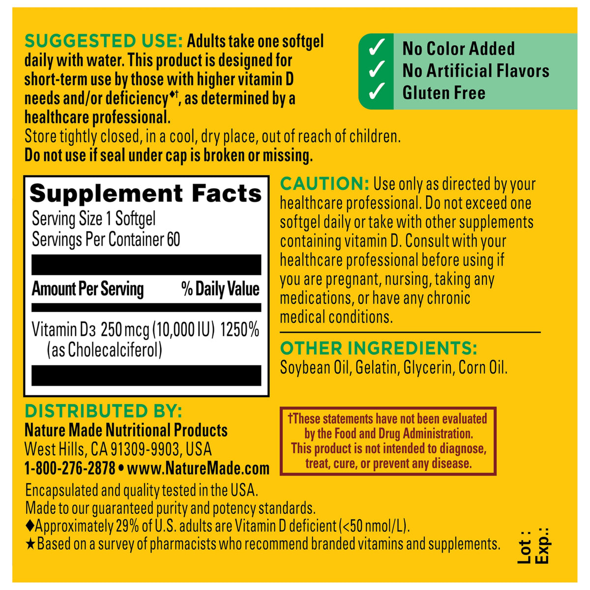 Nature Made Vitamine D3 10000 IU gélules molles en gros plan