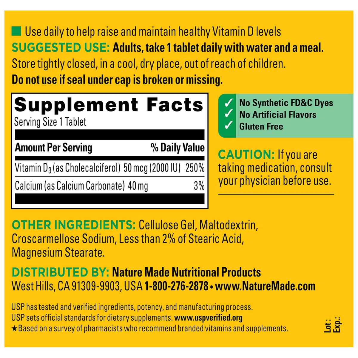 Nature Made Vitamine D3 2000 IU comprimés sur une table