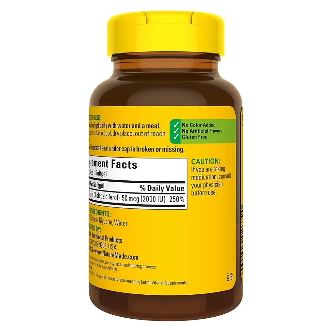 Nature Made Vitamine D3 2000 IU gélules souples vue de côté