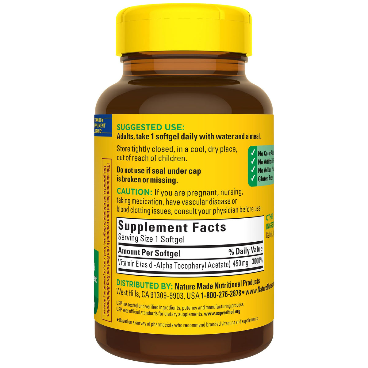 Nature Made Vitamine E 450 mg Softgels sur un fond neutre