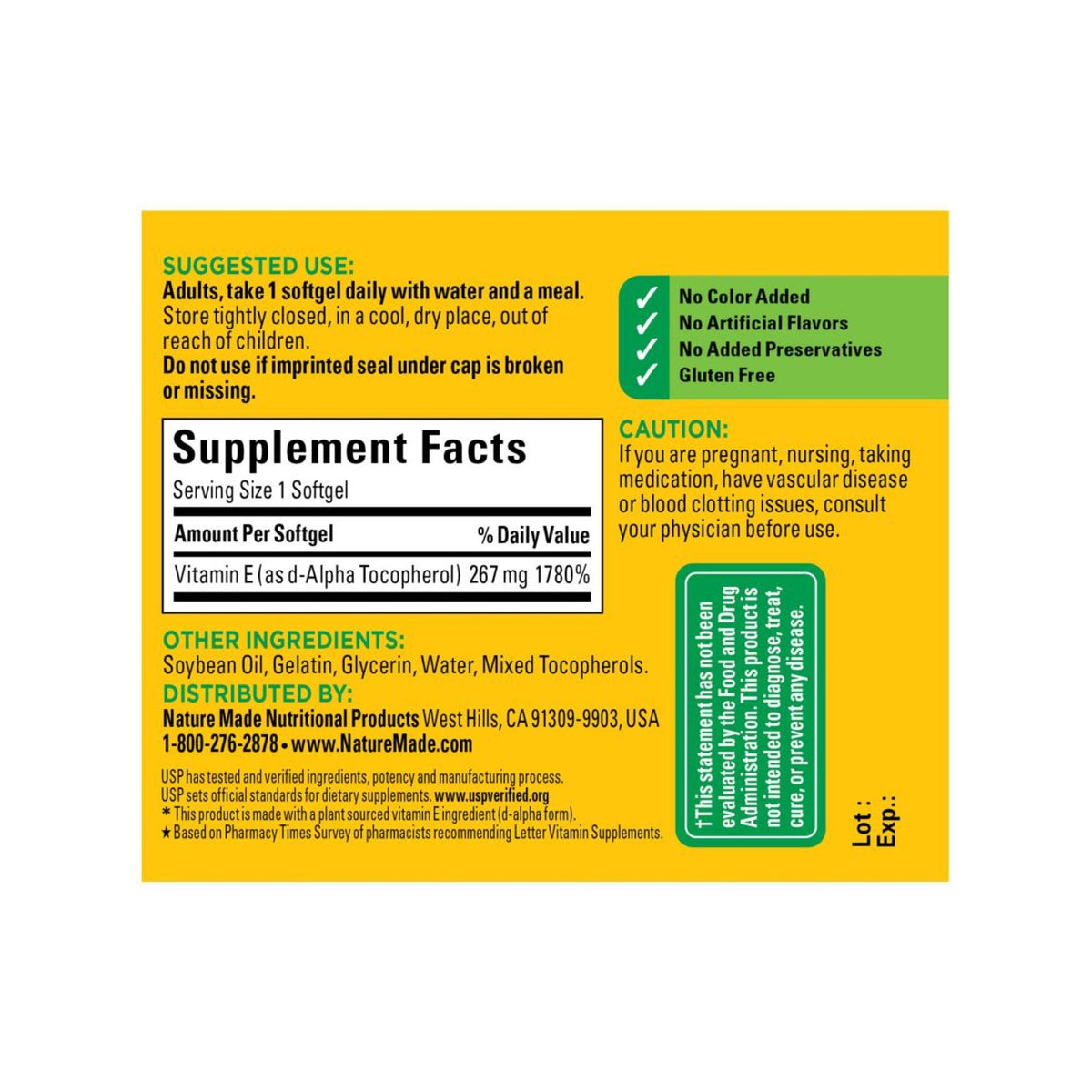 Nature Made Vitamine E d'origine végétale 267 mg gélules arrière