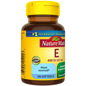 Nature Made Vitamine E d'origine végétale 267 mg gélules et une assiette de fruits
