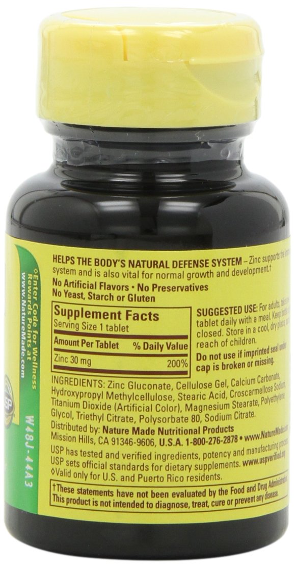Nature Made Zinc 30mg étiquette avec ingrédients et dosage