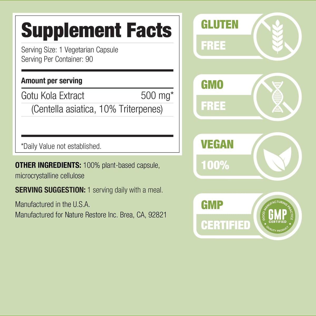 Nature Restore Gotu Kola 500mg capsules végétaliennes sur un fond blanc