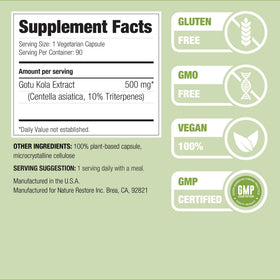 Nature Restore Gotu Kola 500mg capsules végétaliennes sur un fond blanc