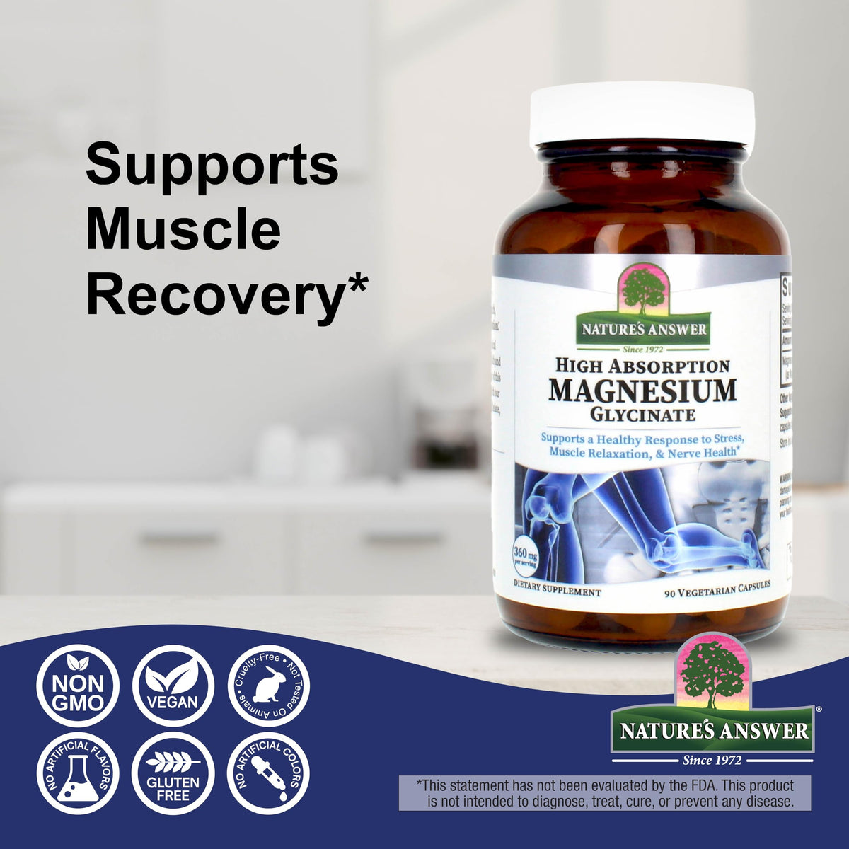 Nature's Answer Magnésium Glycinate, capsules sur une table en bois