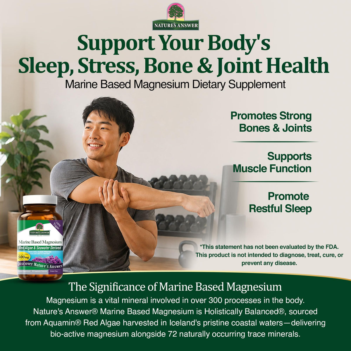 Nature's Answer Magnésium Marin 500mg, gélules avec des ingrédients naturels en arrière-plan