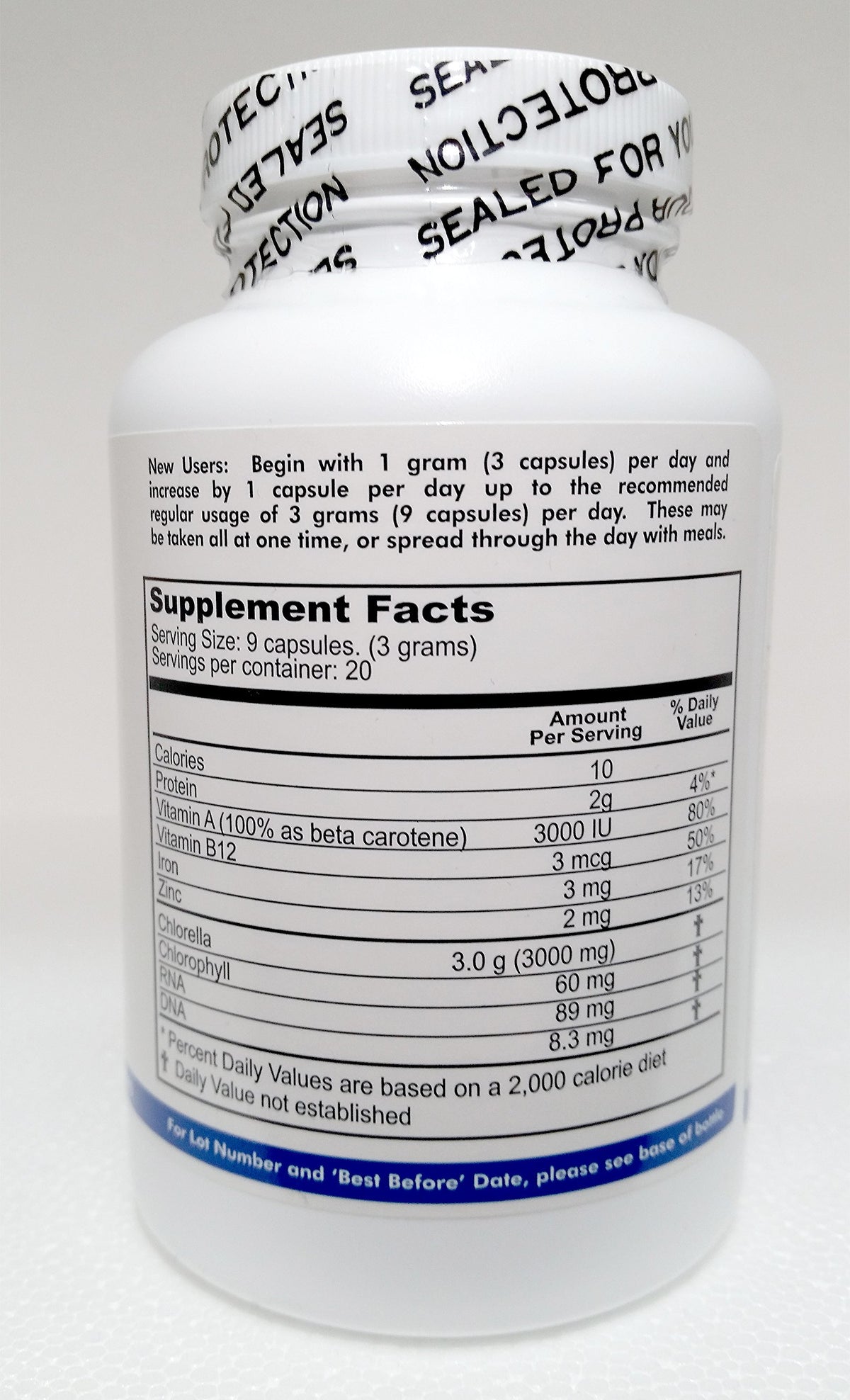 Nature's Balance Chlorella capsules avec étiquette