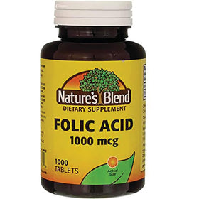 Nature's Blend Acide Folique 1000 mcg comprimés devant l'étiquette