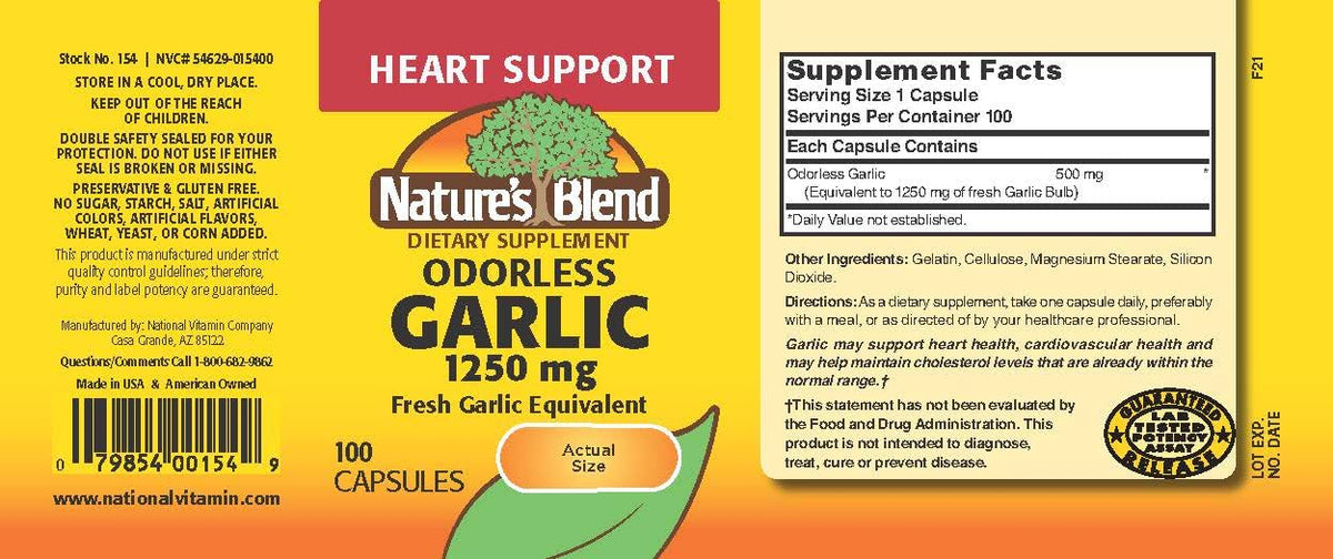 Nature's Blend Ail Odorless 1 250 mg 100 capsules avec étiquette et informations