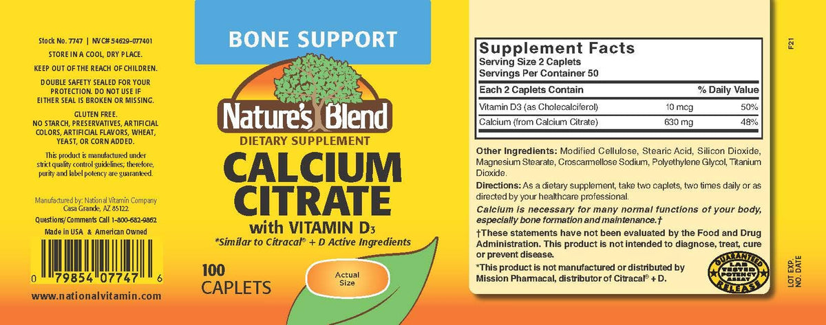 Nature's Blend Calcium Citrate avec D3 100 Cplts arrière avec informations nutritionnelles