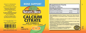 Nature's Blend Calcium Citrate avec D3 100 Cplts arrière avec informations nutritionnelles