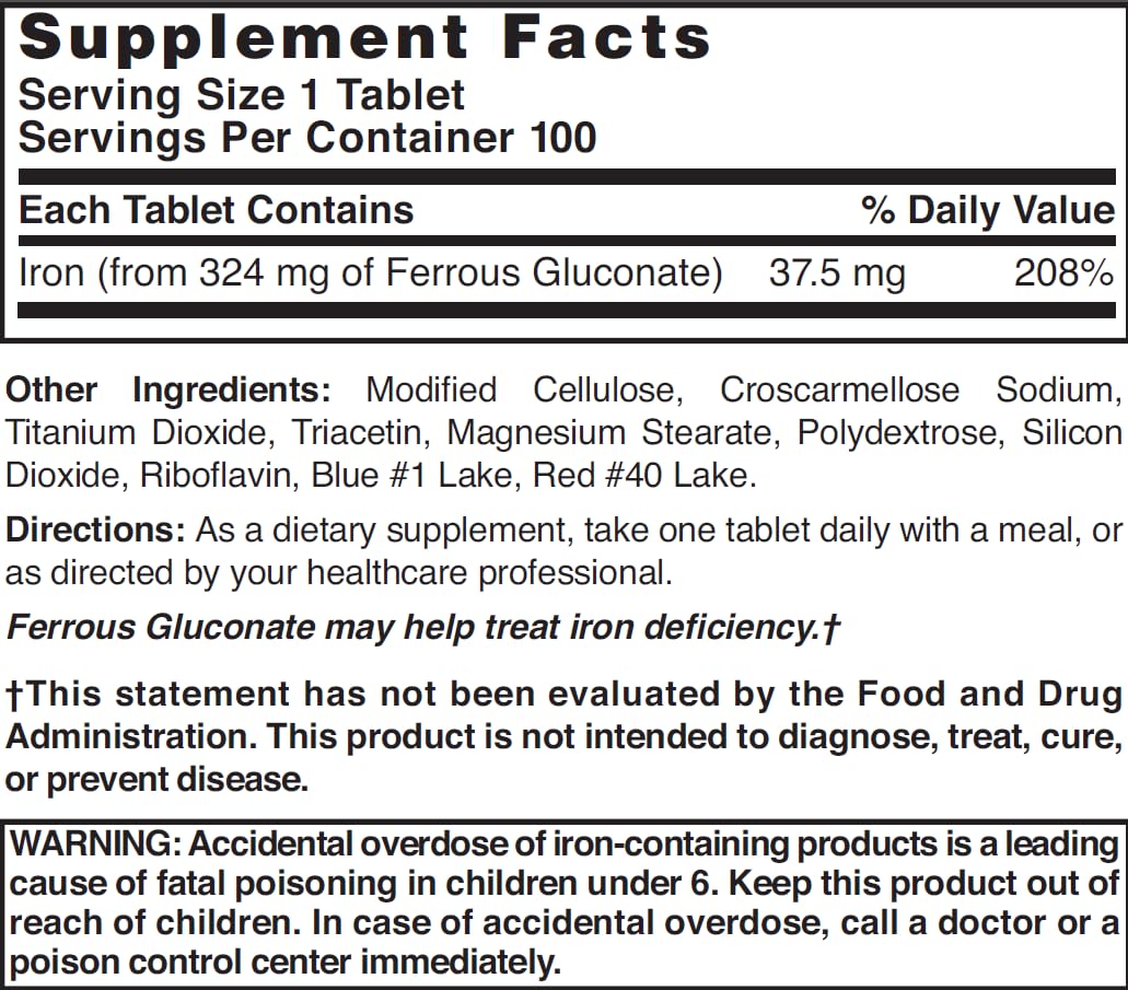 Nature's Blend Ferrous Gluconate 100 Tabs avec étiquette nutritionnelle