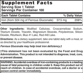 Nature's Blend Ferrous Gluconate 100 Tabs avec étiquette nutritionnelle