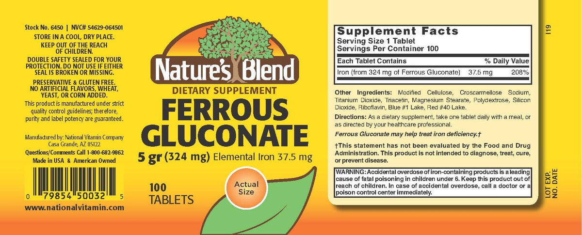 Nature's Blend Ferrous Gluconate comprimés en gros plan