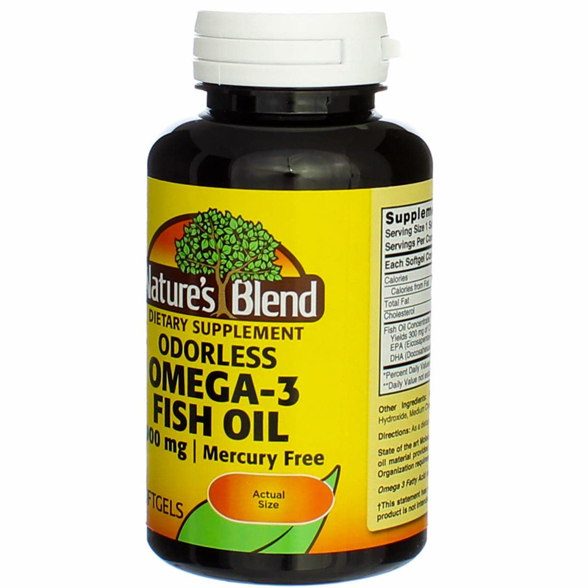 Nature's Blend Huile de Poisson Omega-3 avec étiquette visible