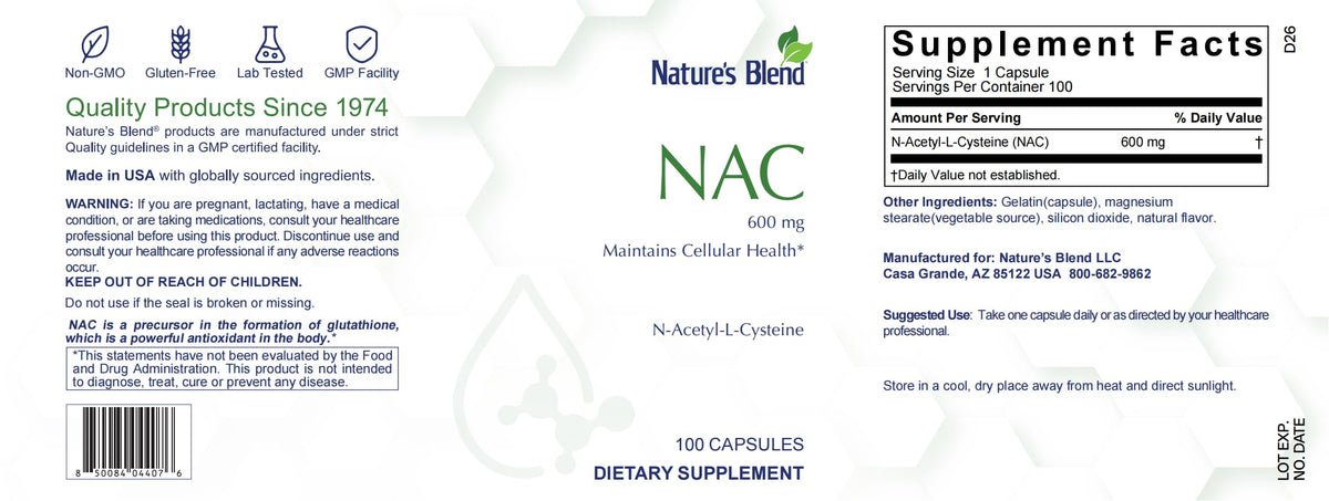 Nature's Blend NAC 600 mg avec ingrédients listés sur l'étiquette