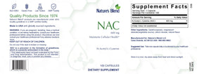 Nature's Blend NAC 600 mg avec ingrédients listés sur l'étiquette