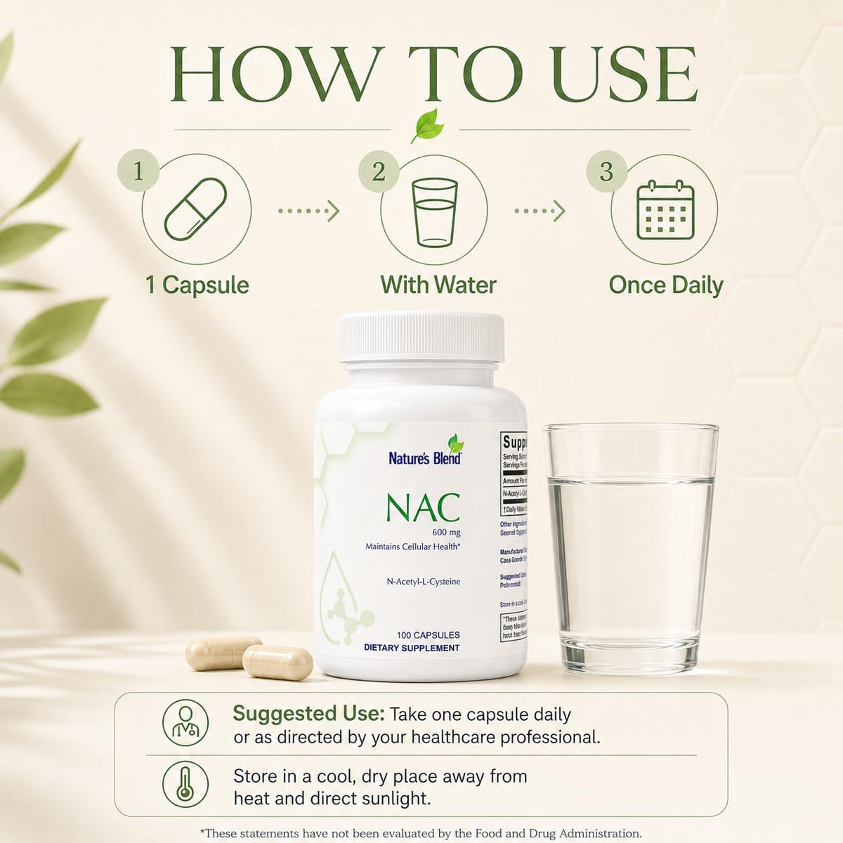 Nature's Blend NAC 600 mg sur une table en bois